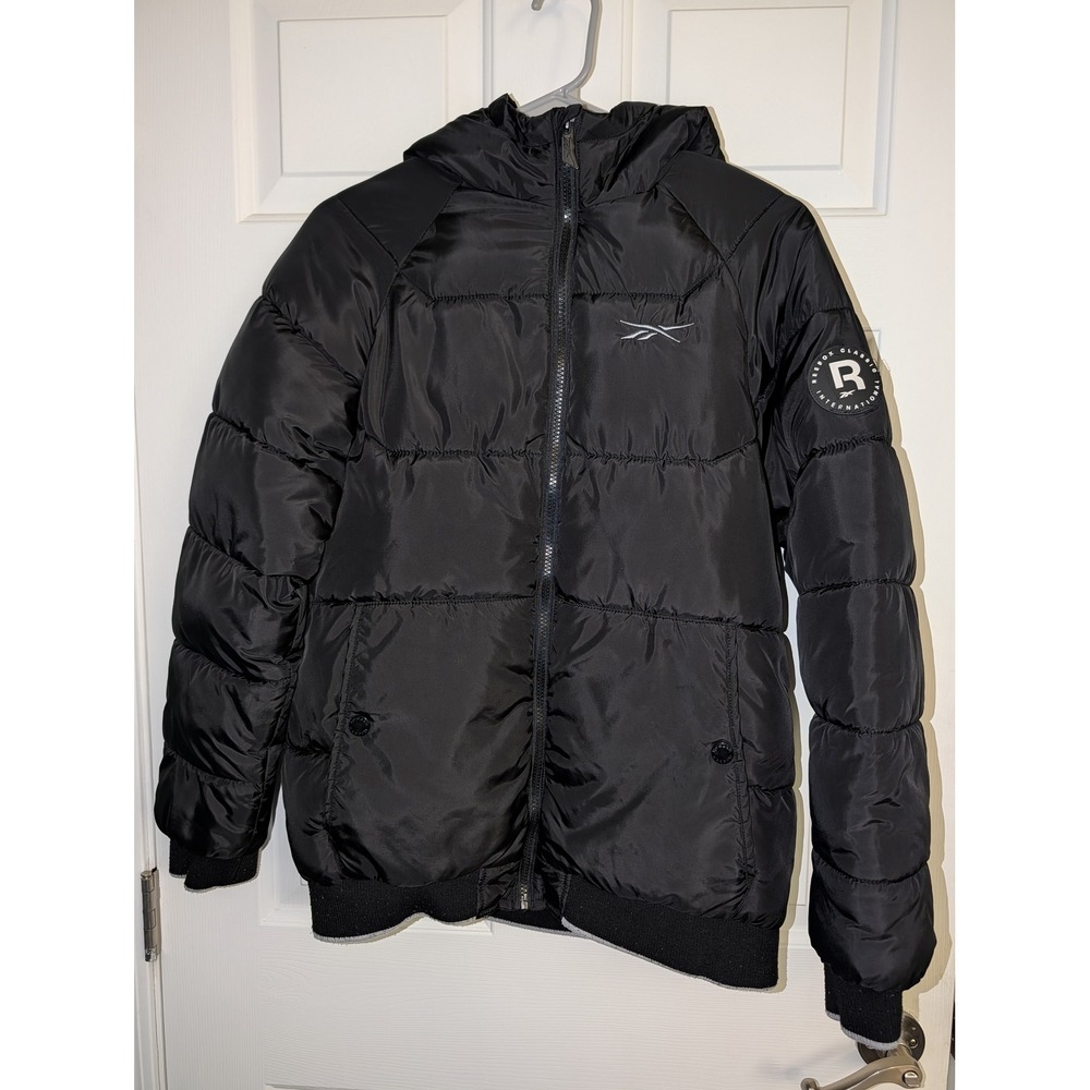 Reebok Classic International Black Puffer Jacket Hooded Boys XL 18/20 Gorpcore